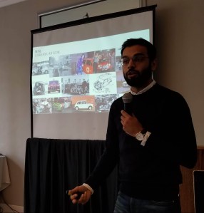 MINI Manager of Product Planning, Ishaan Khatri speaks to auto journalists in NYC in November of 2018, prior to the LA Auto Show.