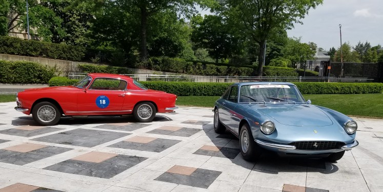 Blue 1968 Ferrari GTC and Red Alfa Romero on display at the Italian Embassy in Washington DC.