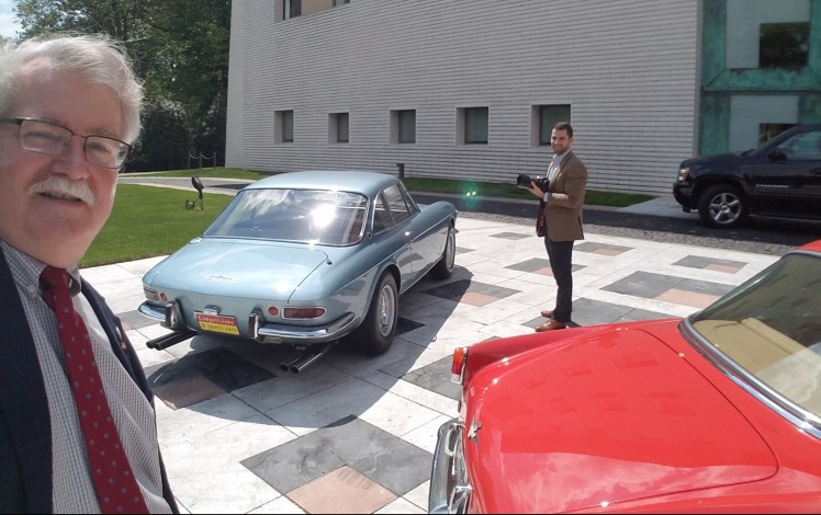 WWH and MM photographing historic cars at the Italian Embassy in Washington DC like the blue 1968 Ferrari GTC