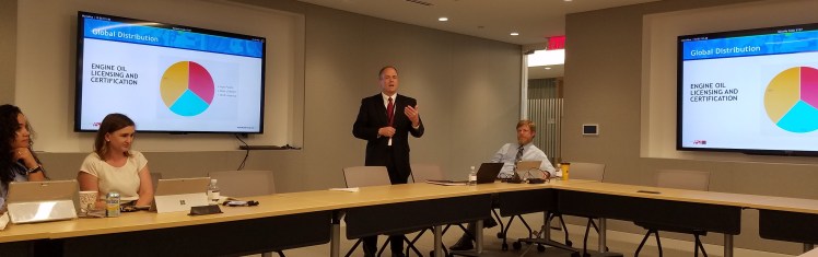 Kevin Ferrick speaks to Washington Area Automotive Press Association Members about Engine Oil.