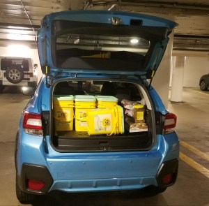 Subaru Crosstrek loaded with pet supplies