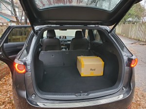 Mazda CX 5 with the hatch open and rear seats folded down.