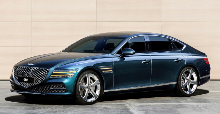 2021 Genesis G80 in front of stone wall