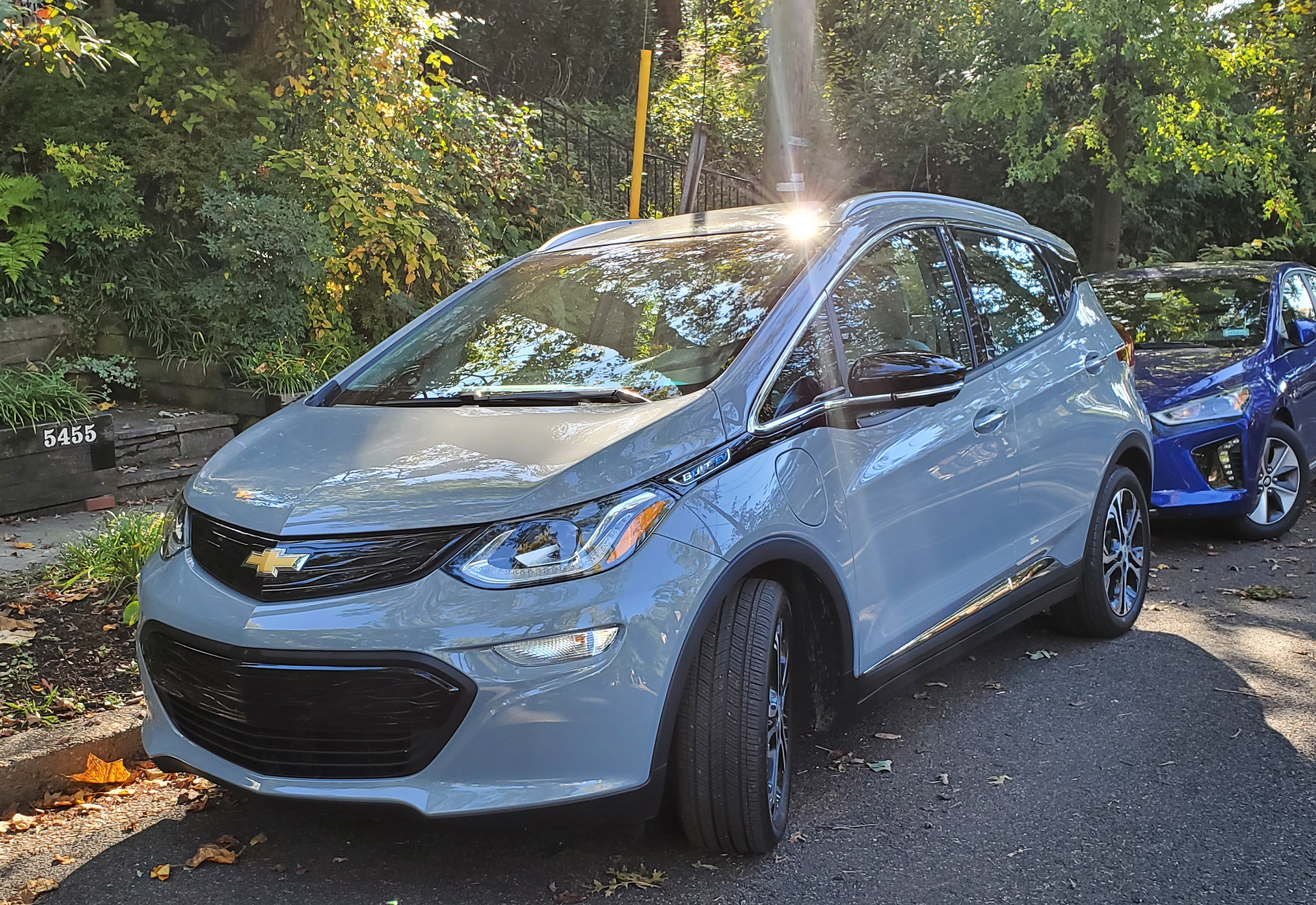 2020 Chevy Bolt EV with a 2019 Hyundai Ioniq Electric behind it.