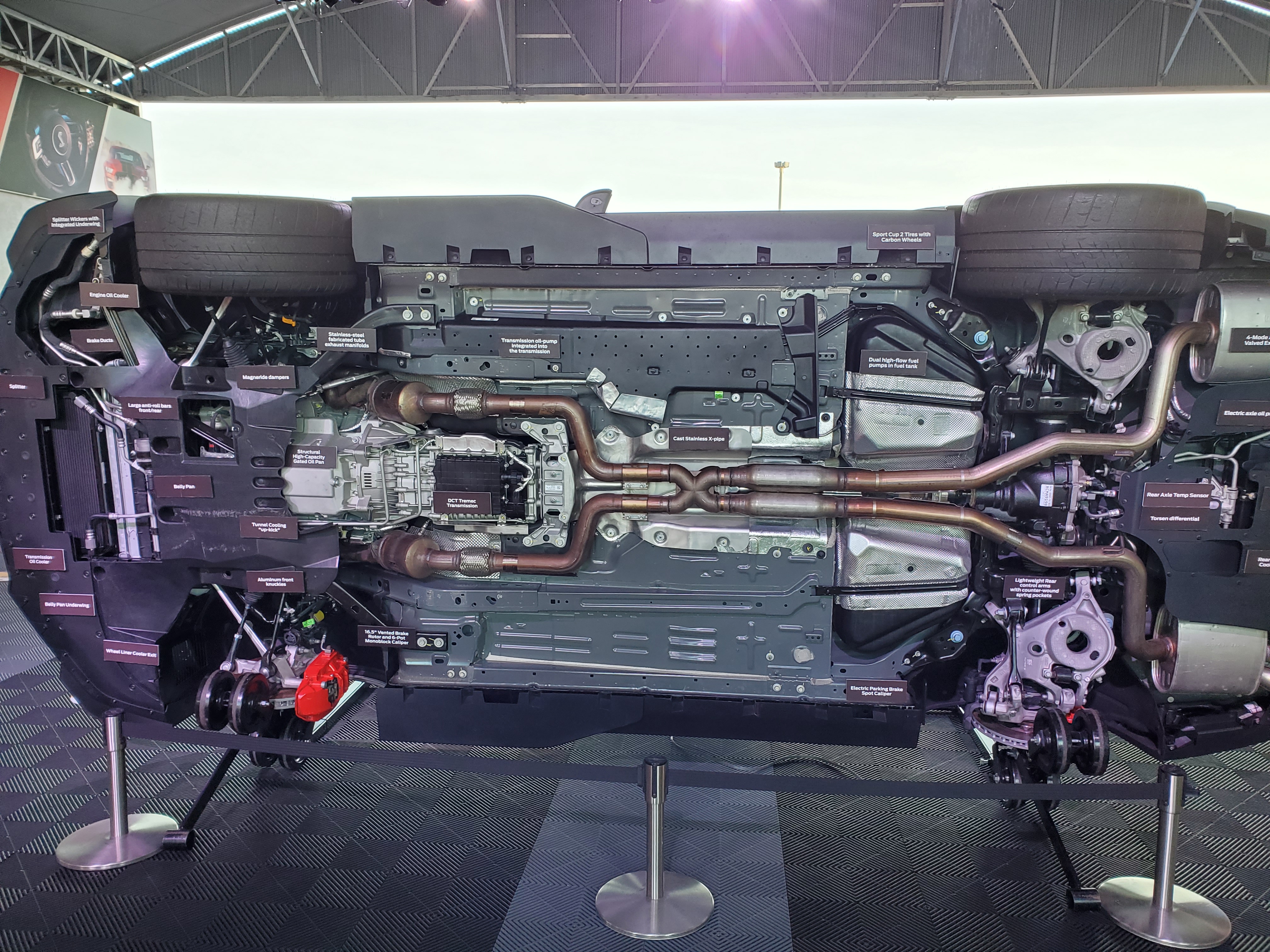 The underside of the SHELBY GT 500 was displayed to show the mechanicals of the vehicle.