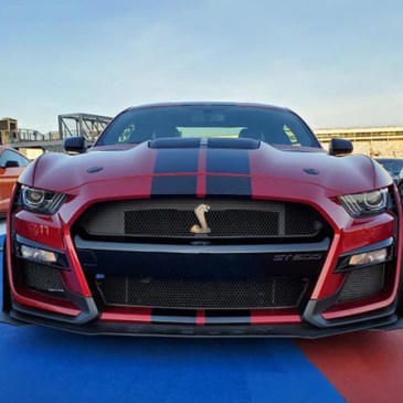 A red SHELBY GT 500 with black hood stripes at Charlotte Motor Speedway ready to be taken out on the track at the North American Track Tour October 19 2020