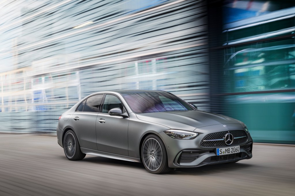 2022 Mercedes-Benz C-Class in motion shown in selenite grey Magno