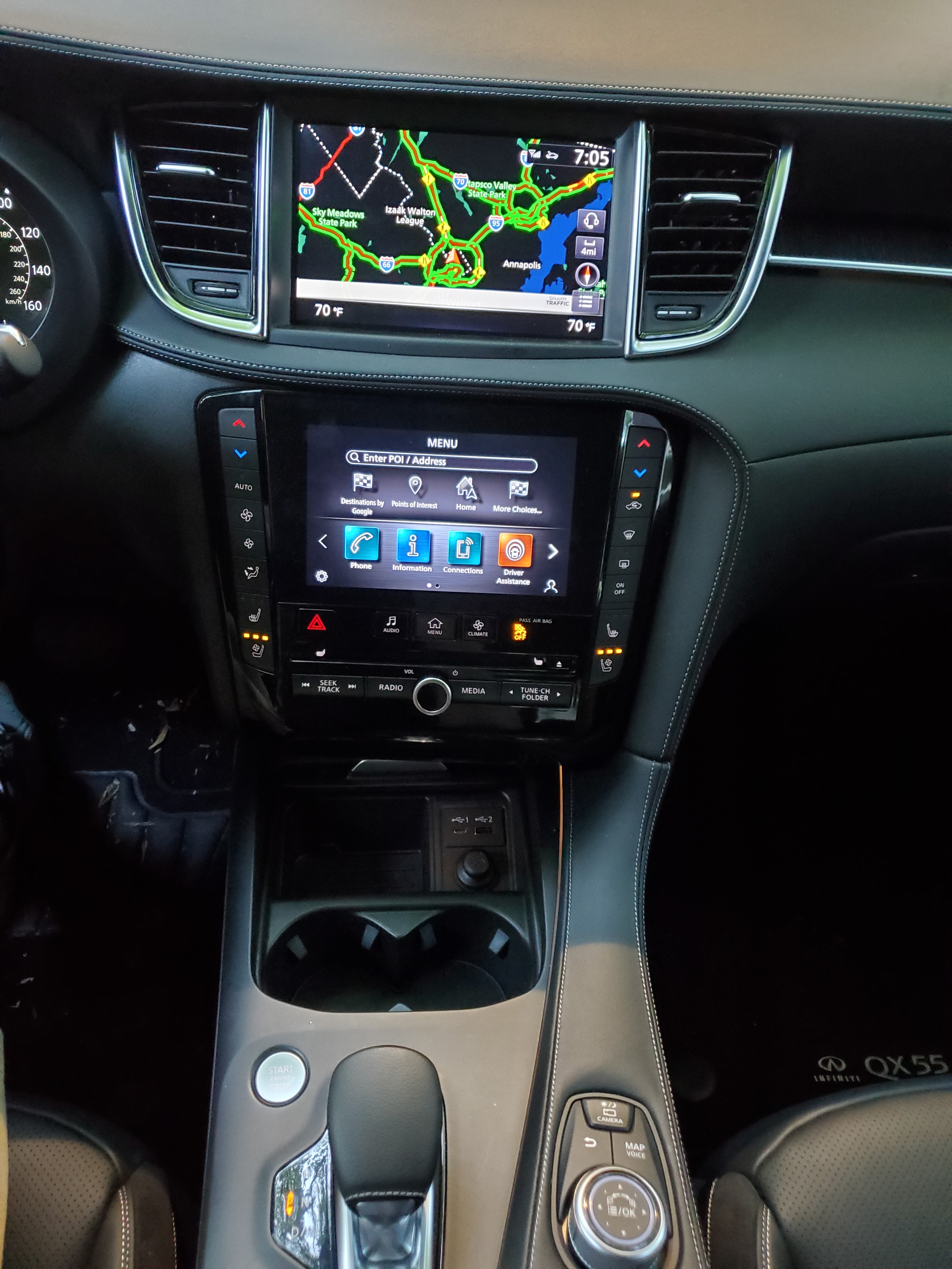 The center console dash screen has 2 screens, while I am not a big fan of screens, these are not intrusive, and provide plenty of information for driver and entertainment options for the passenger. There are no screens for rear passengers. USB and 12v power outlets are around the car, the one thing I did miss is that there is no wireless device charging pad, something I have found very useful. Plug in your device to a cord and connect to Android Auto and Apple CarPlay as well as charge, but that is just one more wire that we really don’t need.